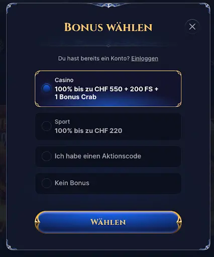 Bonusauswahl mit Casino- und Sportbonusoptionen