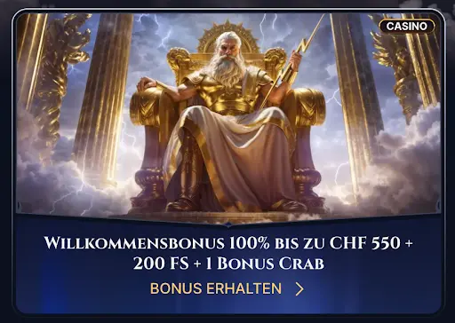 „Zeus sitzt majestätisch auf einem Thron mit Blitz in der Hand – Cazeus Willkommensbonus Promotion“