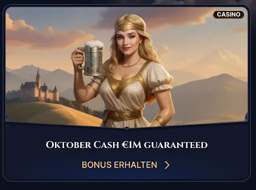 „Illustration einer Frau in traditioneller Kleidung mit Bierkrug in der Hand – Oktober Cash Aktion im Cazeus Casino“