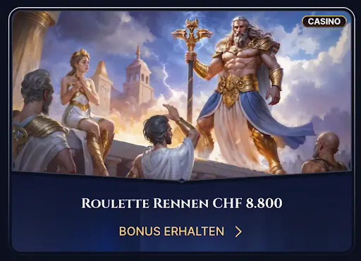 „Zeus steht mit Szepter zwischen Göttern vor antikem Palast – Roulette Rennen Aktion“