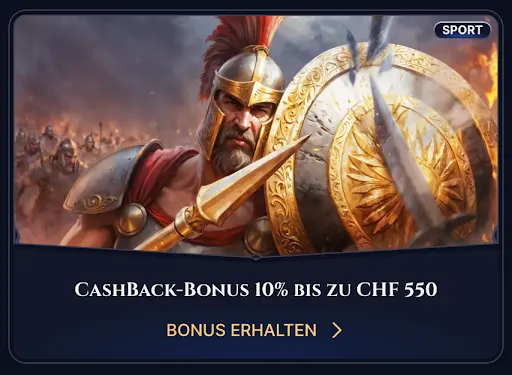 „Krieger mit Helm, Schild und Schwert kämpft in antiker Schlacht – Cashback Bonus Aktion“
