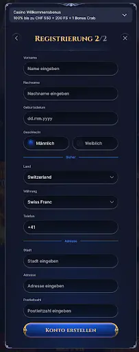 Registrierungsformular Schritt 2 mit persönlichen Daten wie Name, Geburtsdatum und Adresse
