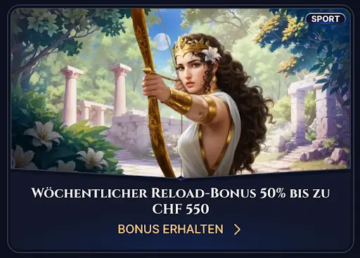 „Kriegerische Göttin mit Bogen zwischen antiken Ruinen – Reload-Bonus Aktion Sport“